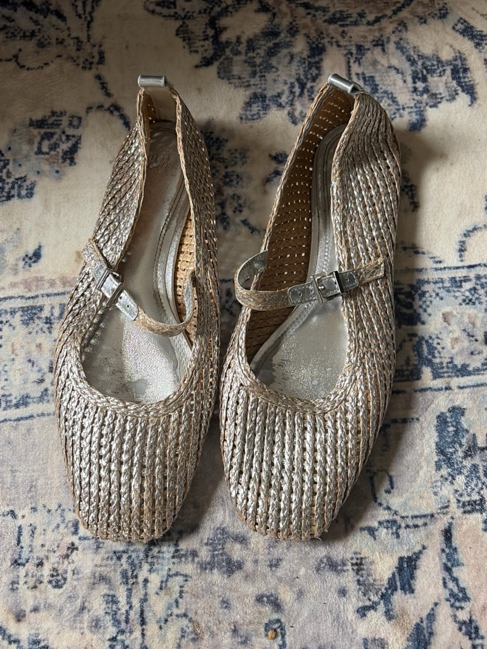 H&M Woven Metallic Mary Jane Flats - Silver-Tan